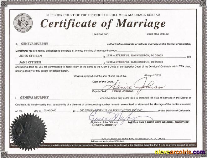 USA Washington district of Columbia marriage certificate